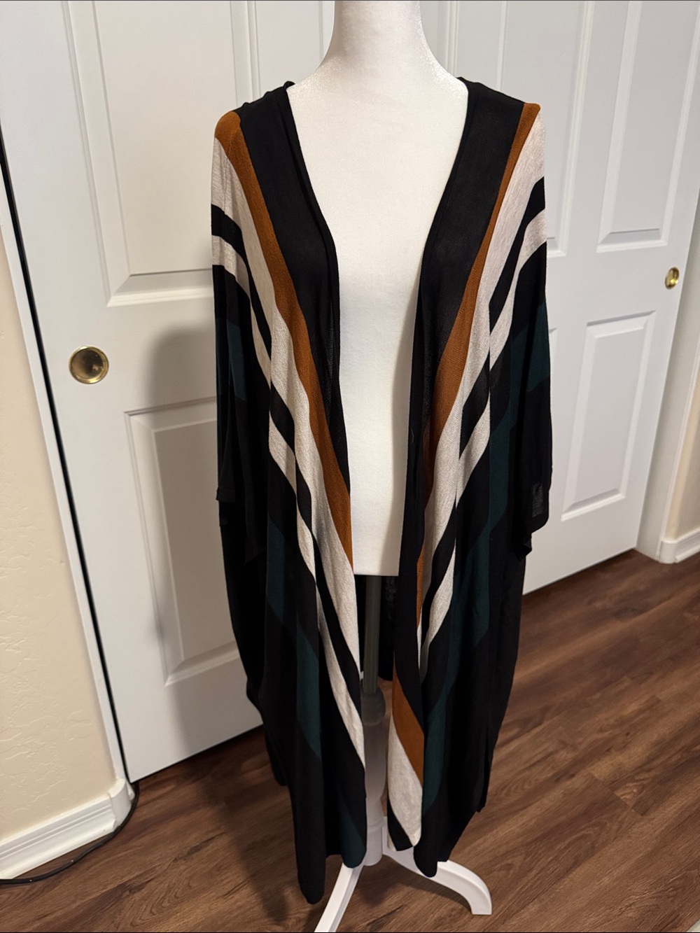 H&M Black Striped Open-Front Cardigan with Cream and Brown Accents